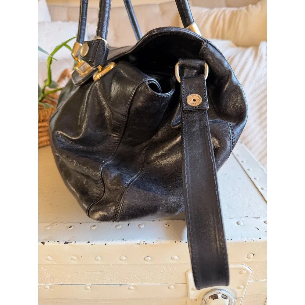 MARINO ORLANDI Satchel Black Leather Embossed Logo Gold Hardware Purse Bag Large